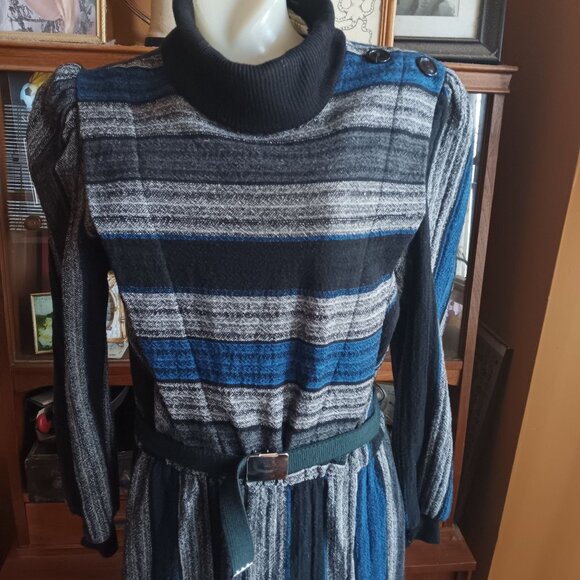 sz 13-14 Vintage New Wave Dress 1980's P.V. Rich Striped Knit Belted Made In USA - Picture 2 of 11